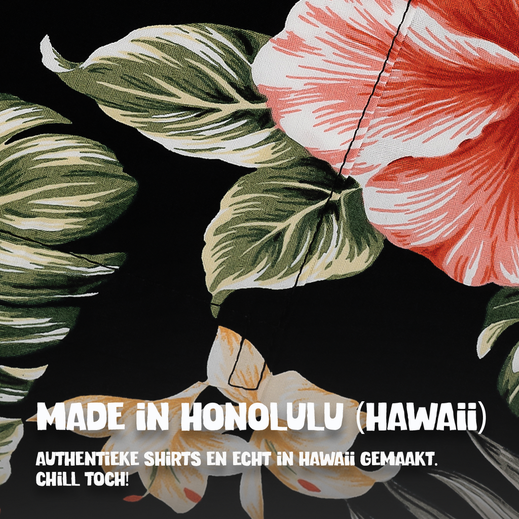 Hibiscus Zwart, stofdetail Made in Honolulu Hawaii | handgemaakt hawaii shirt | Original Aloha