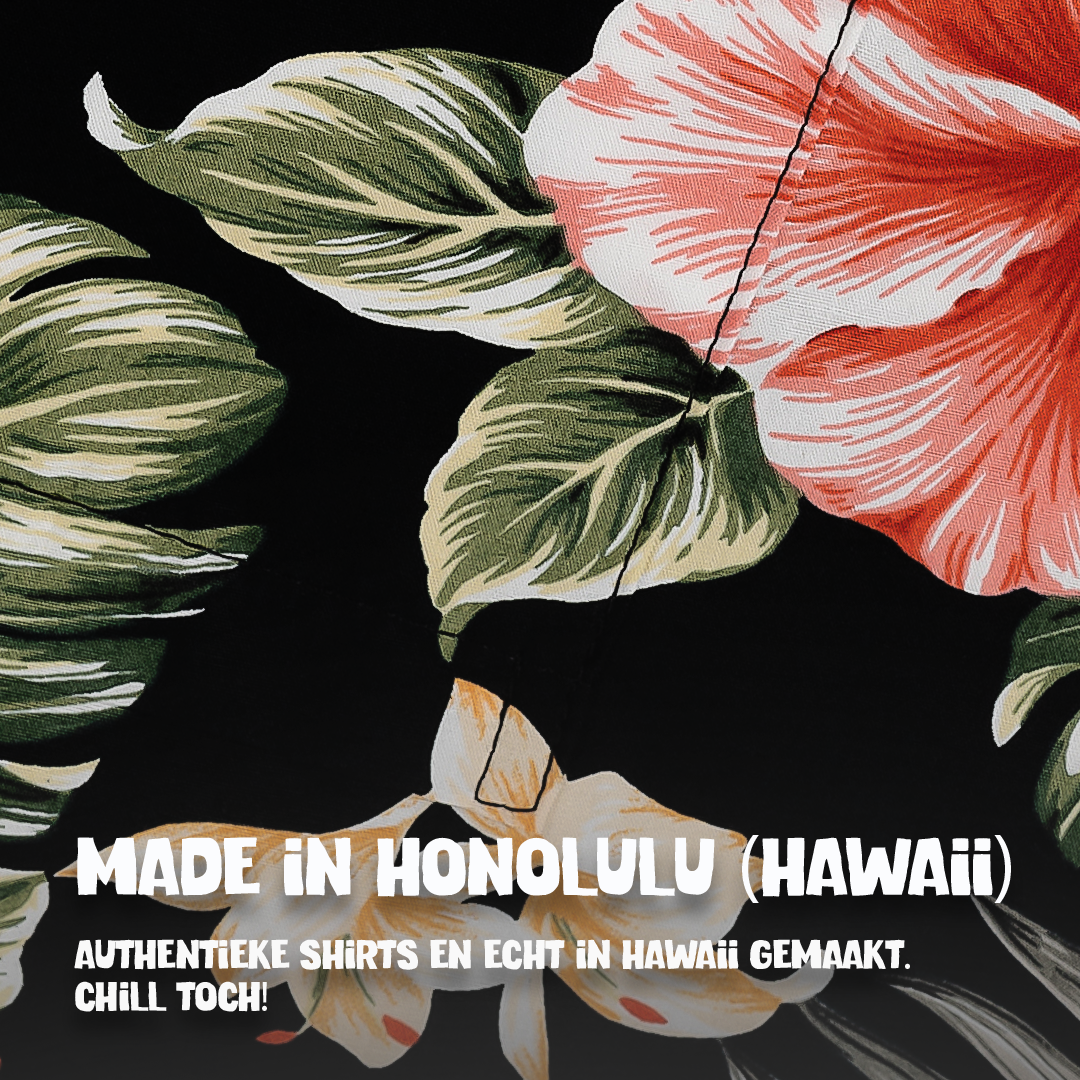 Hibiscus Zwart, stofdetail Made in Honolulu Hawaii | handgemaakt hawaii shirt | Original Aloha