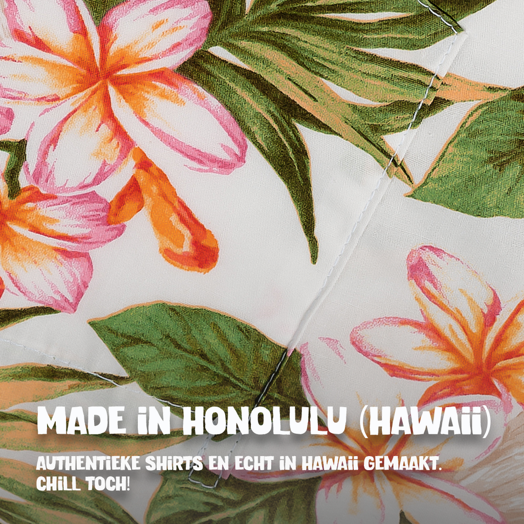 Tropisch Wit, stofdetail Made in Honolulu Hawaii | handgemaakt hawaii shirt | Original Aloha