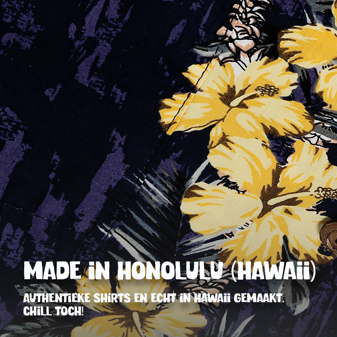 Haleiwa Paars, stofdetail Made in Honolulu Hawaii | handgemaakt hawaii shirt | Original Aloha