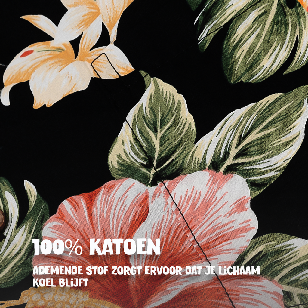 Hibiscus Zwart, stofdetail 100% katoen | ademende kwaliteitsstof | Original Aloha