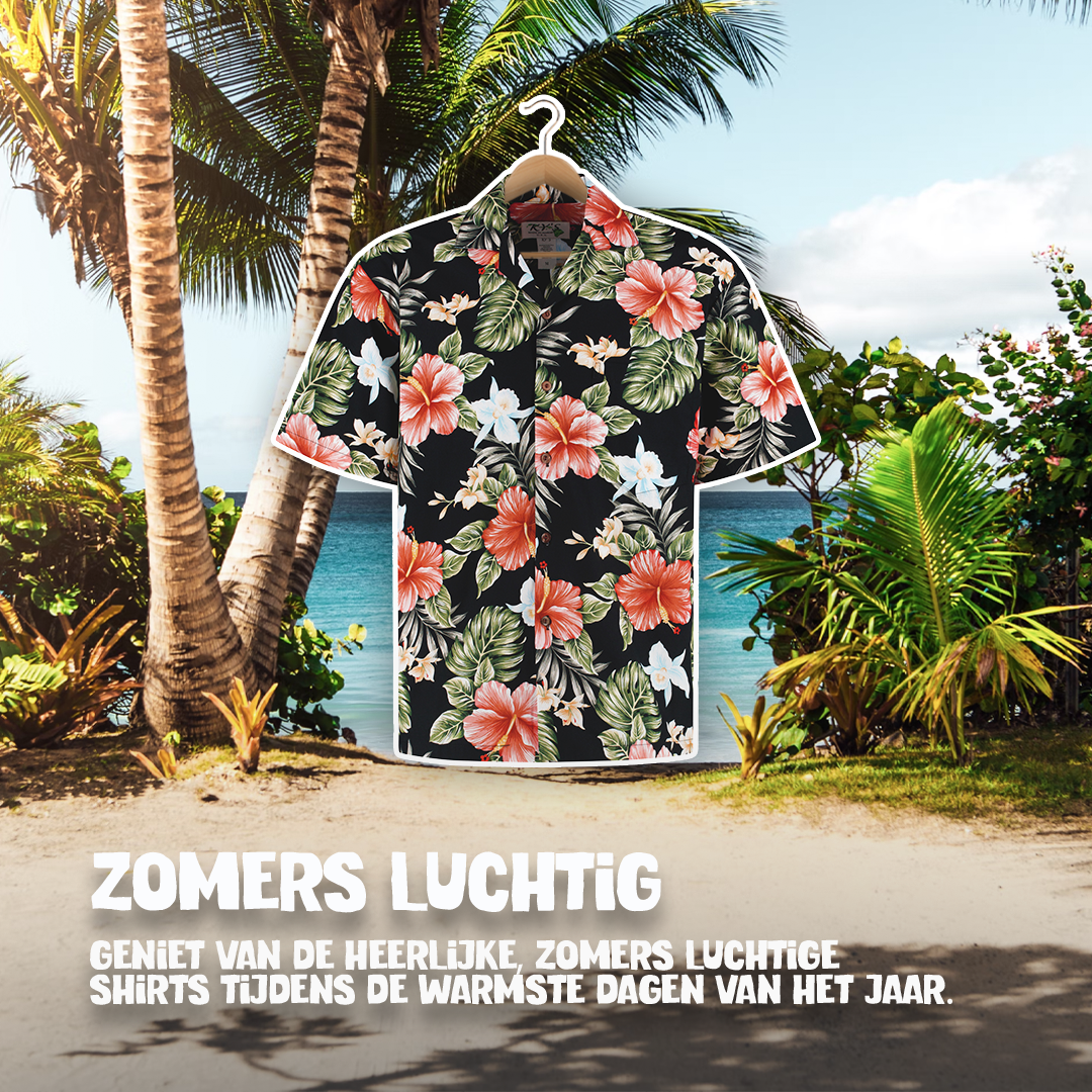 Hibiscus Zwart, Hawaii shirt hangend bij het strand | zomers luchtig shirt | Original Aloha