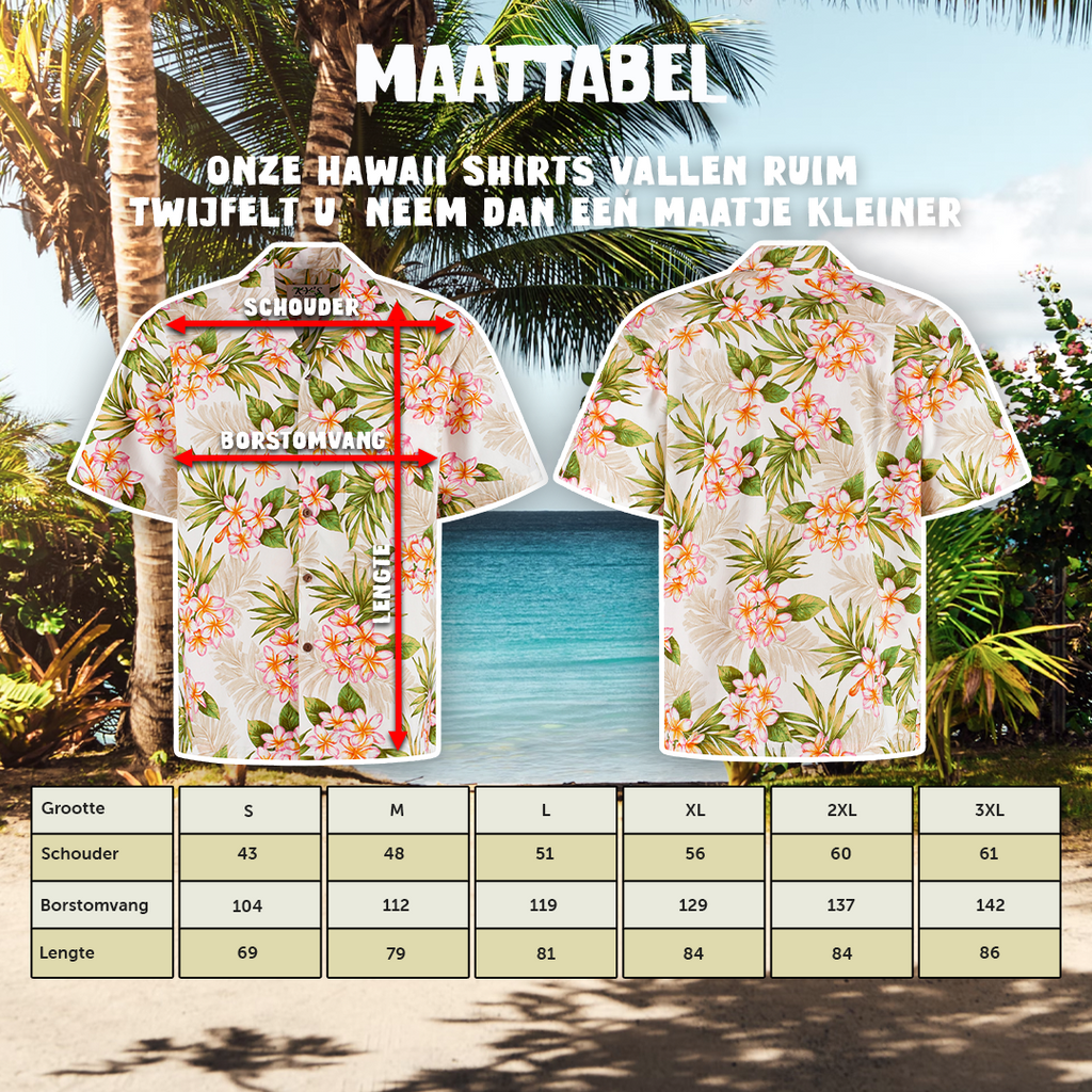 Tropisch Wit, maattabel S tot en met 3XL voor Hawaii shirts heren | Original Aloha