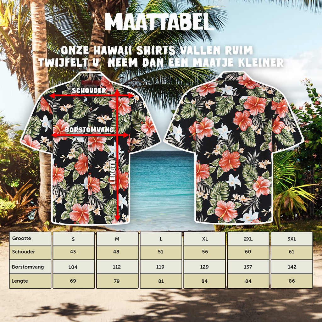 Hibiscus Zwart, maattabel S tot en met 3XL voor Hawaii shirts heren | Original Aloha