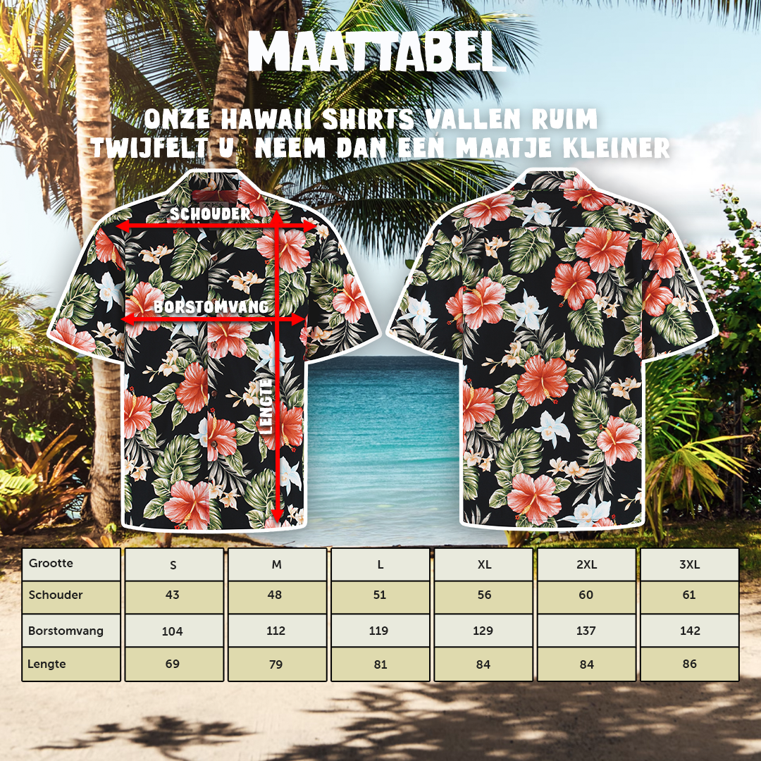Hibiscus Zwart, maattabel S tot en met 3XL voor Hawaii shirts heren | Original Aloha